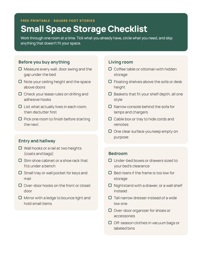 Page one of the Small Space Storage Checklist